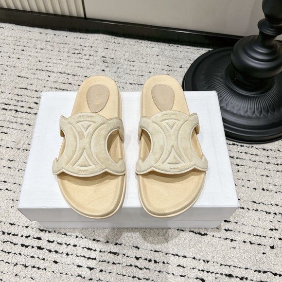 Celine Shoes - Celine Cream Suede Slide Sandals with Signature Cutout